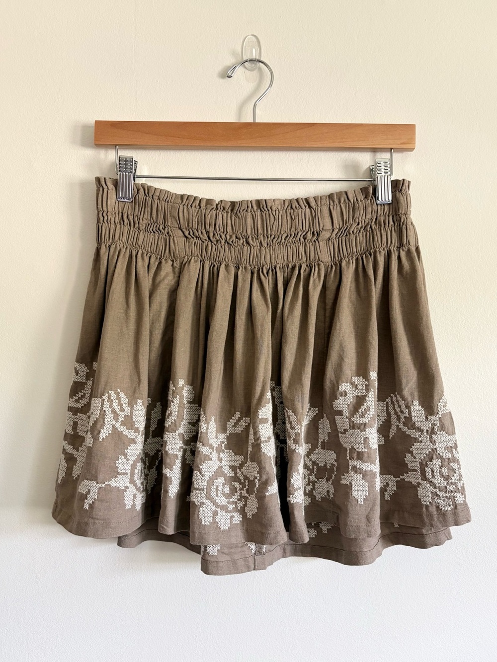Aerie Linen Blend Embroidered Mini Skirt in Taupe NEW - Picture 2 of 5